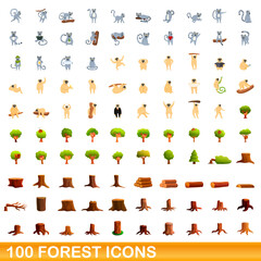 100 forest icons set. Cartoon illustration of 100 forest icons vector set isolated on white background © nsit0108