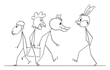 People in Animal Masks Walking on the Street , Vector Cartoon Stick Figure Illustration
