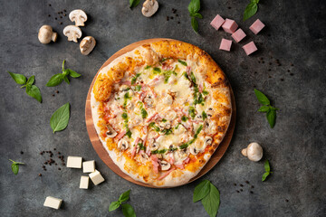 delicious pizza with ham and mushrooms, mozzarella cheese. Top view.