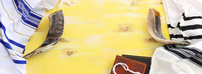 religion image of shofar (horn) on white prayer talit. Rosh hashanah (jewish New Year holiday),...