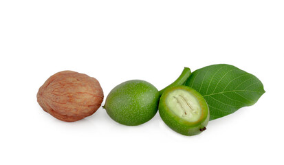 Green walnuts isolated on a white background