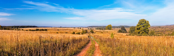 landscape with a dirt road in a field in an autumn day