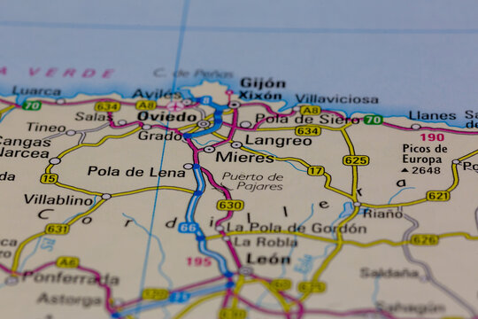 08-20-2021 Portsmouth, Hampshire, UK, Mieres Spain shown on a road map or Geography map