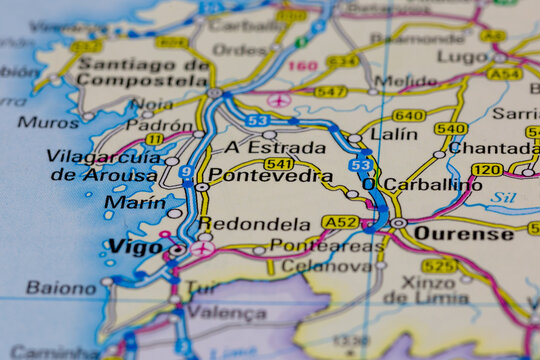 08-20-2021 Portsmouth, Hampshire, UK, Pontevedra Spain shown on a road map or Geography map