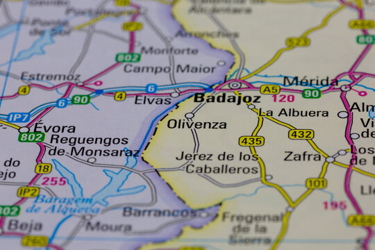 08-20-2021 Portsmouth, Hampshire, UK, Olivenza Spain shown on a road map or Geography map