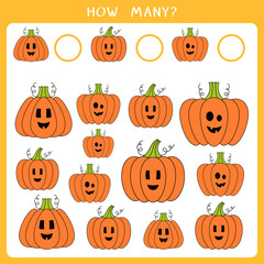 Educational math game for kids. Count how many pumpkin and write the result