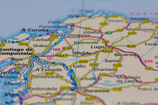 08-20-2021 Portsmouth, Hampshire, UK, Melide Spain shown on a road map or Geography map