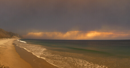 Woolsey Fire, Malibu California Post fire Police Sunset Smoke Mist
