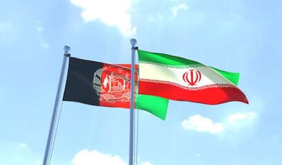Afghanistan and Iran, two flags waving against blue sky. 3d image