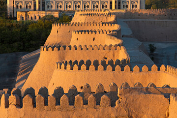 City walls of the ancient city of Khiva, at the sunset, Khiva, Uzbekistan