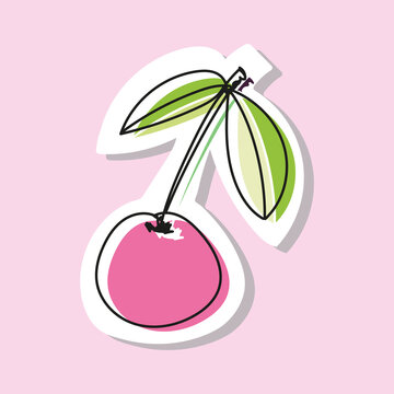 Vector illustration of cherry or sweet cherry in doodle style. Drawing with an offset outline. Hand drawn icon and symbol for print on baby clothes, sticker, textile design. Cartoon design elements. 
