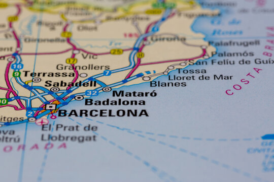 08-20-2021 Portsmouth, Hampshire, UK, Mataro Spain shown on a road map or Geography map