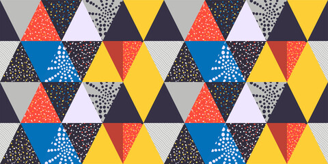 Geometric seamless pattern with various multicolored triangles. Triangle vector print in a minimalistic Scandinavian style. Abstract bright design for holiday cards, invitations, fabric, wallpaper ...
