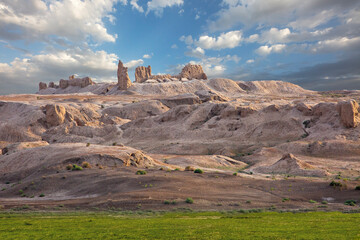 View over the ruins of Zoroastrian settlements known as Gyaur Kala in Nukus, Uzbekistan