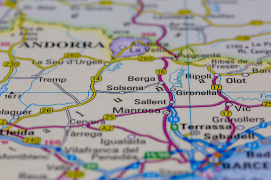 08-20-2021 Portsmouth, Hampshire, UK, Solsona Spain shown on a road map or Geography map
