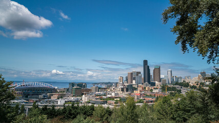 Fototapeta na wymiar View of Downown Seattle Architecure with Highway and Stadium in the picture