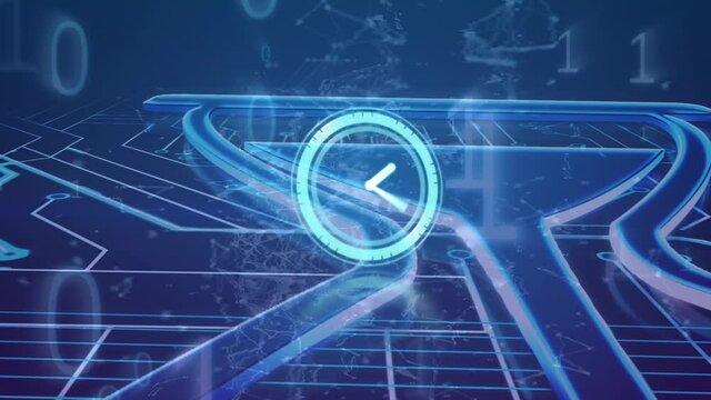 Animation of clock, with egg timer icon, over glowing motherboard and data processing