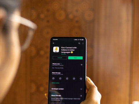 Assam, india - February 19, 2021 : Koo app logo on phone screen stock image.
