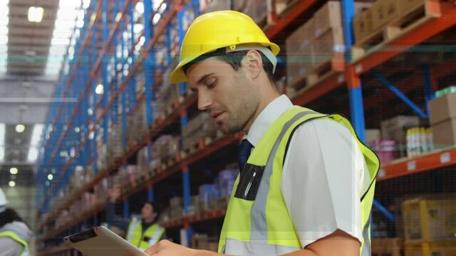 Animation of data processing over male warehouse worker