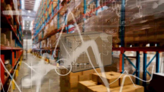 Animation of package and statistics processing over shelves in warehouse