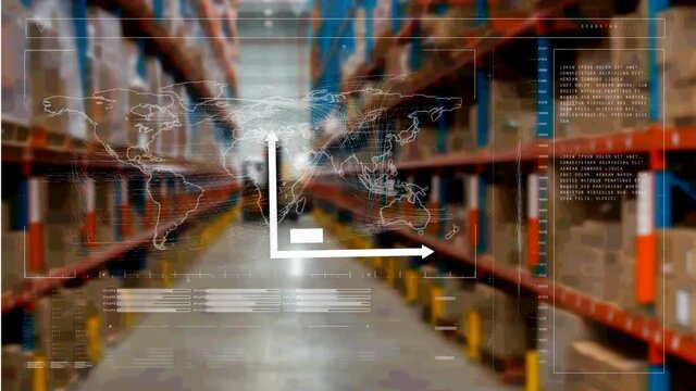 Animation of statistics processing over shelves in warehouse