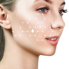 Young female face with infographic shows cleansing effect.