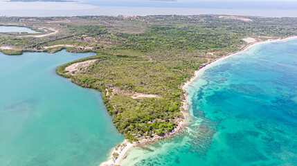 Aerial view of a coastline bay island in Baru, Cartagena, Colombia