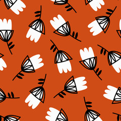 Stylised white flowers isolated on brick red background. Hand drawn vector seamless pattern. Doodle style backdrop for textile, wrapping paper, clothes, background flat design.