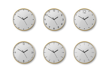 Vector 3d Realistic Yellow Golden Metal Wall Office Clock Icon Set Isolated on White. White Dial. Design Template of Wall Clock Closeup. Mock-up for Branding and Advertise. Top, Front View