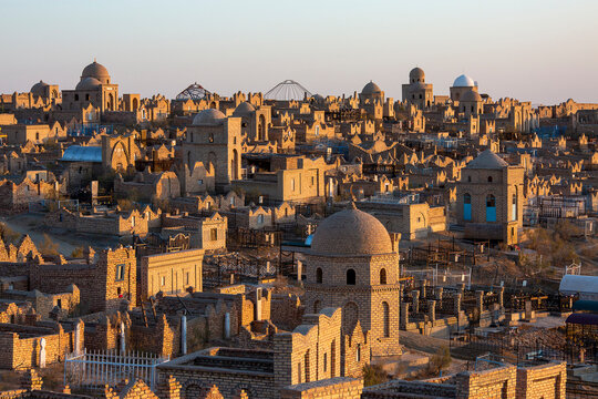 Ancient cemetery of Mizdakhan at the sunset, in Nukus, Uzbekistan.