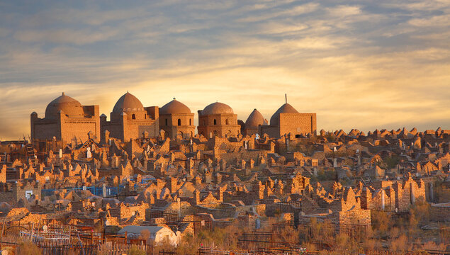 Ancient cemetery of Mizdakhan at the sunset, in Nukus, Uzbekistan.