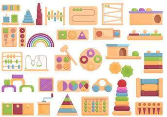 Montessori system icons set cartoon vector. Childhood block. Children development