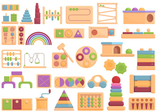 Montessori System Icons Set Cartoon Vector. Childhood Block. Children Development