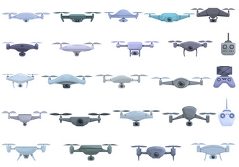 Aerial videography icons set cartoon vector. Drone camera. Aero filming