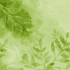 Green floral nature background of plant leaves and flower leaves on border, pastel light and dark green and white watercolor painted leaf outlines in abstract illustration with soft texture