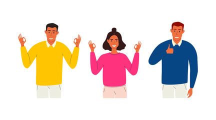 A flat vector cartoon set of young people showing a thumbs up and a hand gesture ok. Isolated design on a white background.