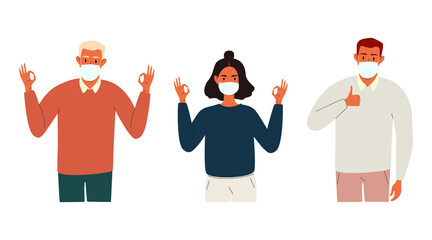 A flat vector cartoon set of young people in protective masks showing the thumbs up and the ok hand gesture. Isolated design on a white background.
