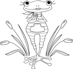 Art with dreaming frog in love for coloring book. Valentines day romantic card. Invitation, greeting postcard. Vector illustration.