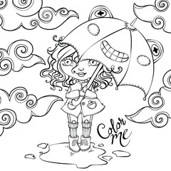Coloring page with girl under frog umbrella. Clouds, rainy weather. Vector illustration.