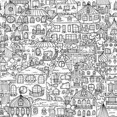 Seamless pattern with hand drawn city of houses, textured background for your design projects, textile, wrapping, wallpaper, web