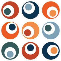 Seamless geometric Mid Century inspirational pattern with colorful (orange, navy blue, light blue, red, turquoise) circles decoration on white background