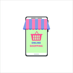 Online shopping on your phone. Shopping basket, inscription, order and payment via the Internet. Vector illustration, flat cartoon color minimal design, isolated on white background, eps 10.