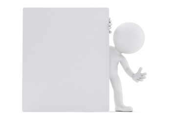Man looking out from behind the blank board. 3D illustration. Isolated
