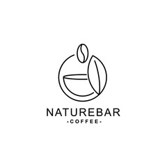 Line art cup cofffe with leaf design on circle shape for restaurant logo