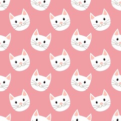 Seamless cute white cats background on pink