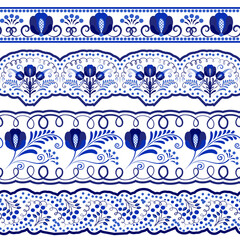 Collection of blue ornamental Seamless borders for the design in the style of ethnic porcelain painting. Floral Brushes with leaves and flowers isolated on white. - obrazy, fototapety, plakaty