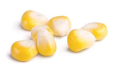 Ripe sweet corn kernels isolated on white background. Fresh vegetable ingredients.