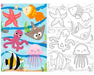 vector coloring book marine life. coloring page sea life. Underwater world with fish, algae, squid, octopus, starfish, jellyfish. for kids