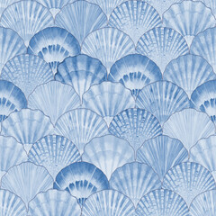 Watercolor sea shell seamless pattern. Hand drawn seashells texture vintage ocean background