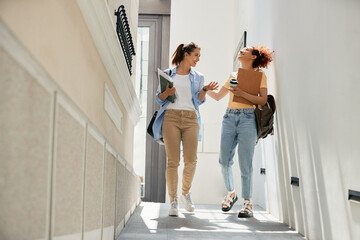 Happy female students have fun and talk while walking through university hallway,